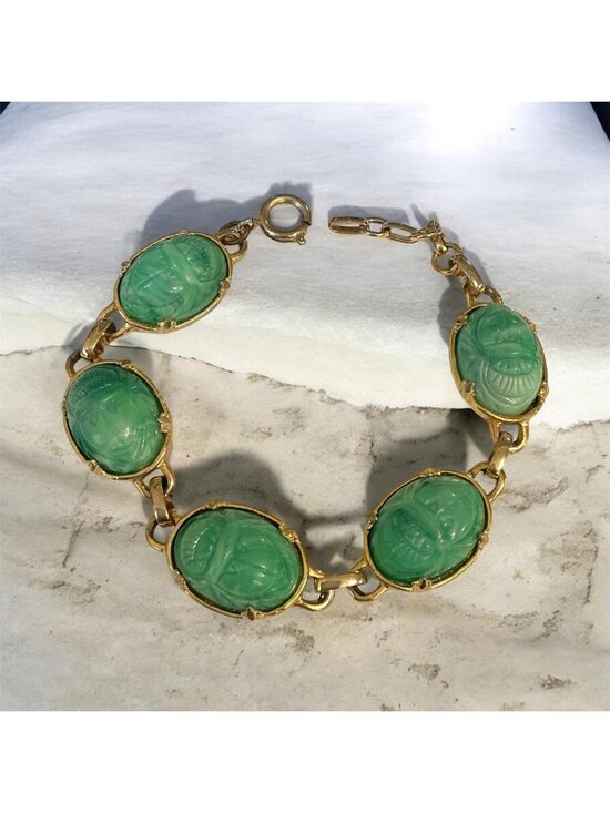Vintage Jewelry - Vintage GoldTone Scarab Bracelet With Green Cabochons  Egyptian Revival Inspired